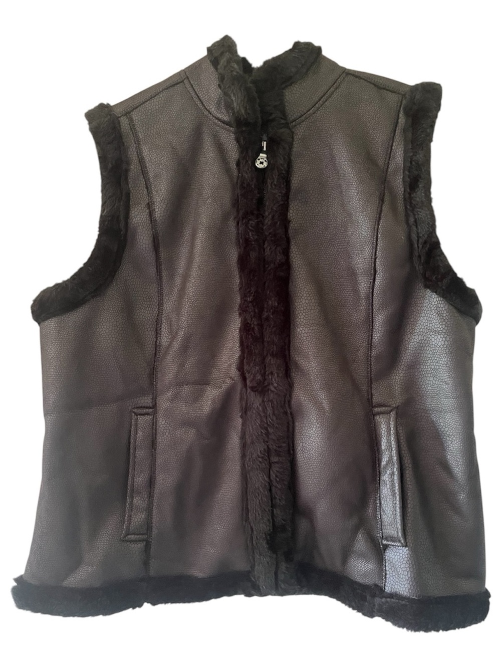 JACLYN SMITH Black Faux Fur Lined Vegan Leather Vest Jacket Size L